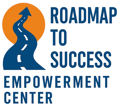 A curvy road leading into a sunset with the words Roadmap To Success Empowerment Center next to it